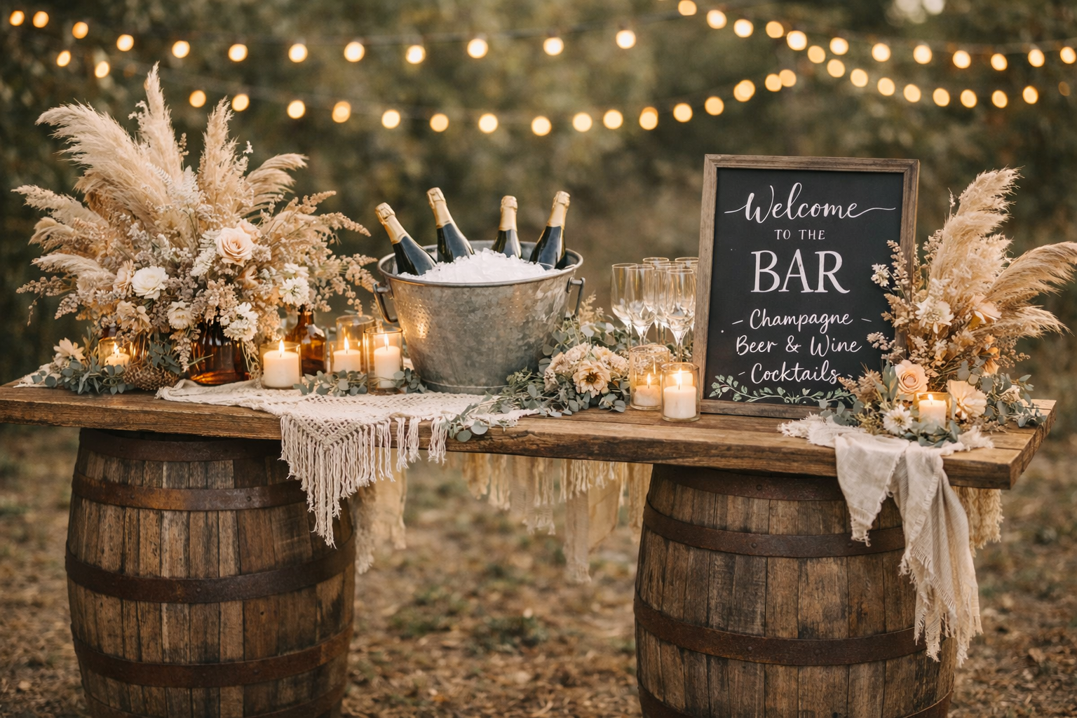 Rustic bar setup with whiskey barrels, champagne on ice, candles, and pampas grass under string lights